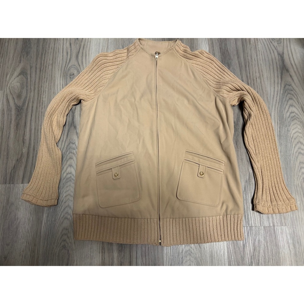 St. John Sport Womens Ribbed Knit Mixed luxury Zip Jacket Wool Blend M Tan Beige